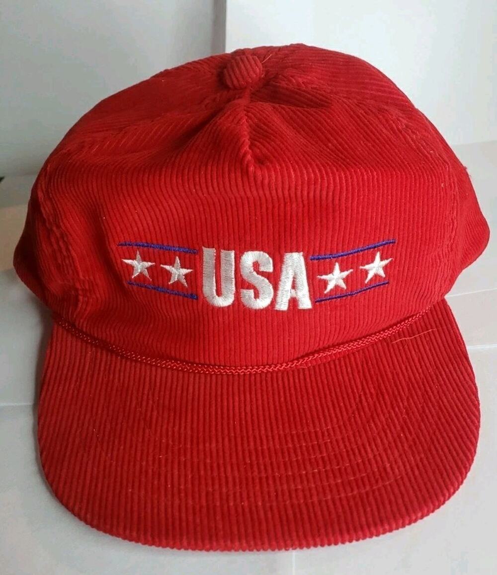 1984 LOS ANGELES OLYMPICS USA hat cap red hollywood park corduroy vintage 80s